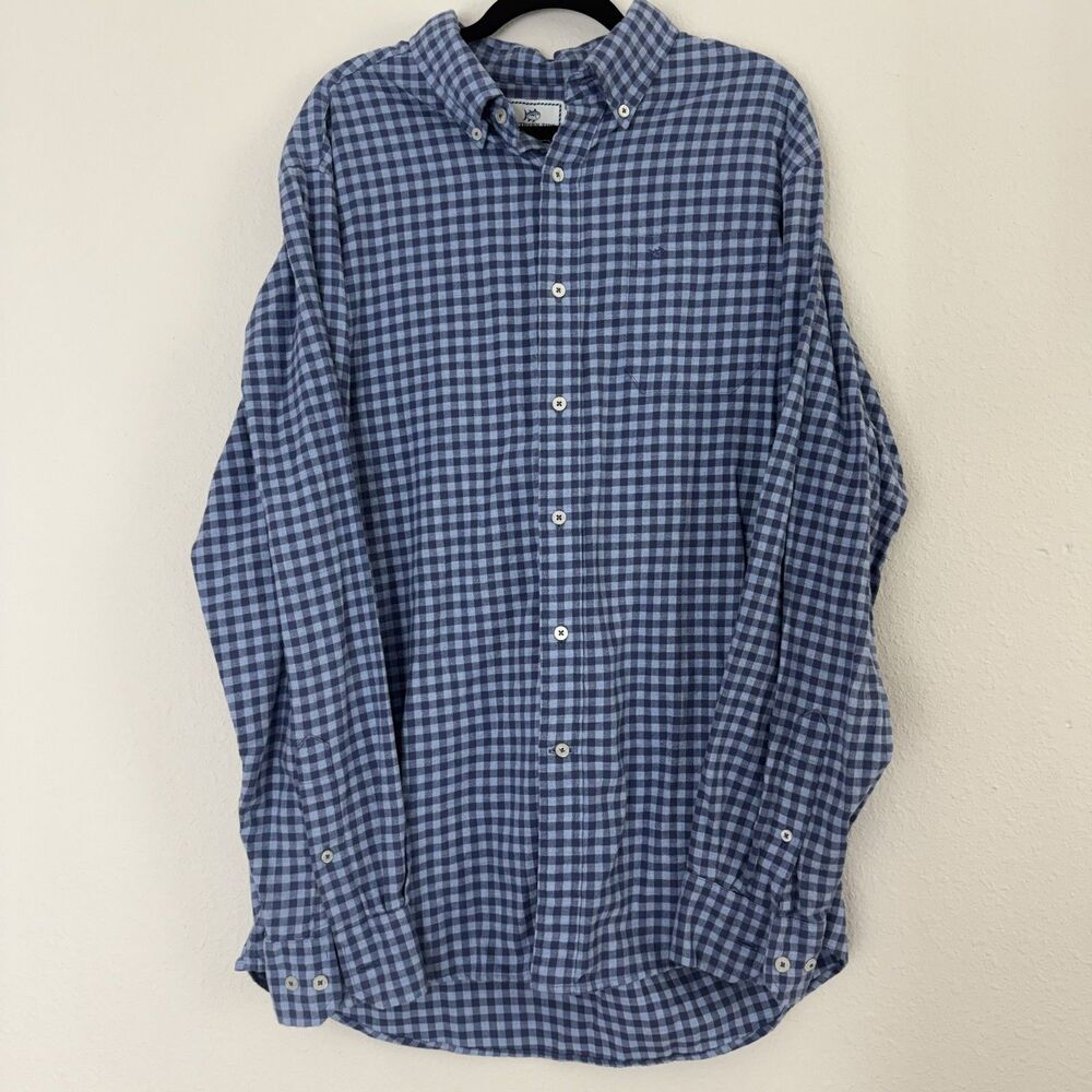 Southern Tide Men Large Blue Gingham Check Classic Fit Stretch Button Down Shirt